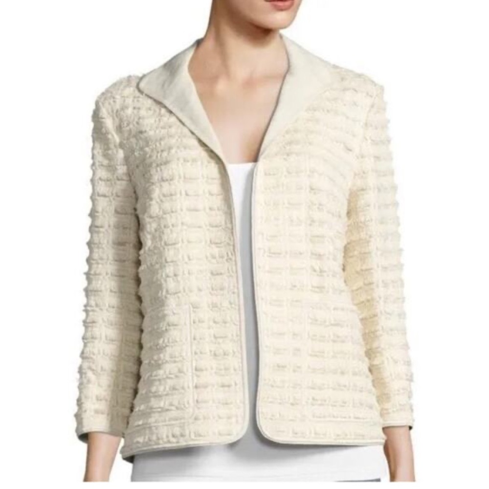 LAFAYETTE 148 Ramira Career Open Front Bracelet SLV Cream Fringe Linen Blazer L
